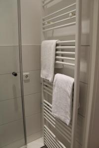 a bathroom with white towels and a shower at City-Appartement Pirna in Pirna +23 photos