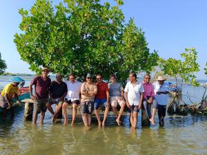 a group of people standing in the water next to a tree at Lagoon lake view in Kollam +3 photos