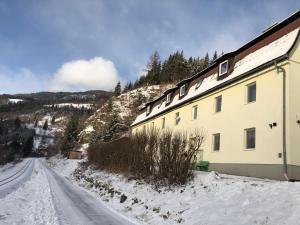 a building on the side of a snow covered road at Moonriver Alps Ski Apartament in Ramingstein