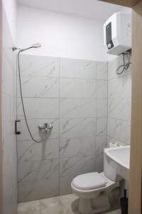 a bathroom with a shower with a toilet and a sink at Berat Hill Cabins in Berat