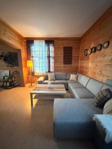 a living room with a couch and a table at Valhalla Hytte in Oppdal