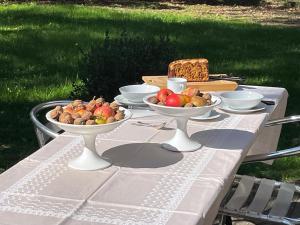 a table with bowls of fruit and bread on it at La Maison des Templiers in Couches