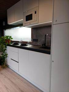a white kitchen with a sink and a microwave at KotkaPesa in Vihtra