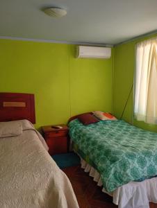 a green bedroom with two beds and a window at Cisnes del tolten in Freire