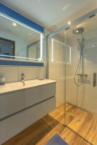 a bathroom with a sink and a shower at Olle Hansenhaus in Hantumeruitburen