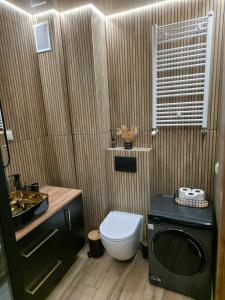 a small bathroom with a toilet and a sink at Mostique Spa Apartment with Jacuzzi in Gdańsk +10 photos