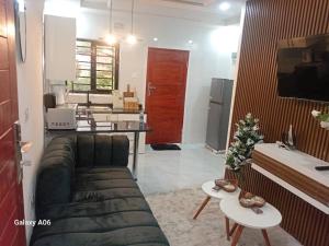 a living room with a couch and a kitchen at Wamis serviced apartments in Solwezi