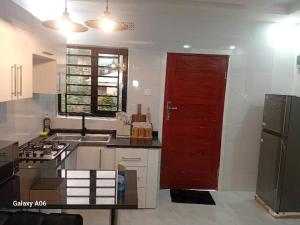 a kitchen with a refrigerator and a red door at Wamis serviced apartments in Solwezi