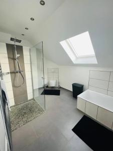a bathroom with a shower and a toilet and a skylight at Spacious home in quiet surroundings in Schwanden