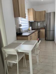 a kitchen with a table and chairs and a refrigerator at ArtStay-Apartment in Orestiada