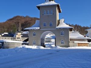 a building with an arch in the snow at Casa Lăpușană in Lăpuş