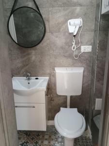 a bathroom with a toilet and a sink and a mirror at Casa Rahova - centru civic in Brăila