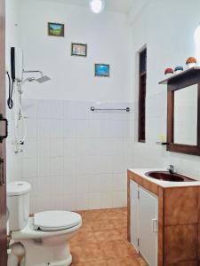 a white bathroom with a toilet and a sink at Kandy Rainbow Villa in Kandy +21 photos