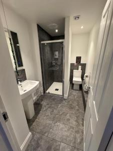 a bathroom with a shower and a sink and a toilet at Crannaig House in Aberfoyle +97 photos