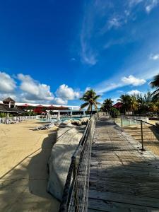 a boardwalk leading to a beach with palm trees at PARADISIAC LAGOON in Saint-François
