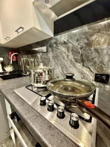 a kitchen stove with a pan on top of it at Two-room apartment in Astana