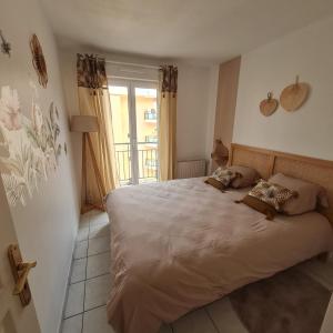 a bedroom with a large bed with a window at T3 spacieux hyper-centre - Familles & Pros - Genève à 5 min in Saint-Julien-en-Genevois