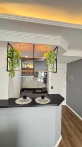 a kitchen with two plants on a counter at Flat Premium -Acesso a pé ao shopping Center vale - Edifício Summit (Ar condicionado) in São José dos Campos +142 photos