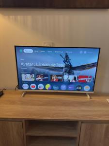 a flat screen tv sitting on top of a wooden stand at Studio Voyage - Proche centre ville in Mayenne