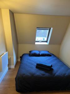 a bedroom with a bed with a black comforter and a window at Appartement de Charmes dans le Centre de Cherre in Cherré