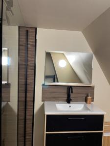 a bathroom with a sink and a mirror at Appartement de Charmes dans le Centre de Cherre in Cherré +17 photos