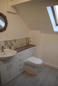 a bathroom with a white toilet and a sink at The Barn at Brambles Farm in Bradnop +54 photos