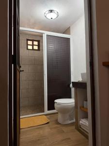 a bathroom with a shower and a toilet in it at Del Cortes Cabañas in Velasco +29 photos