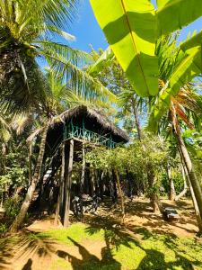 a small hut with a thatched roof and palm trees at Lakeview Birdsong Cabanas in Debarawewa