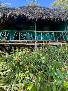 a green hut with a grass roof and some bushes at Lakeview Birdsong Cabanas in Debarawewa +1 photo