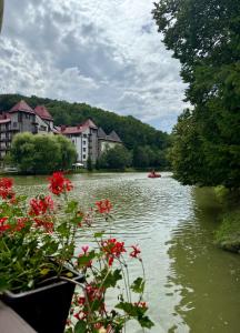 a boat on a river with buildings and red flowers at Glory Apart Polyana in Polyana