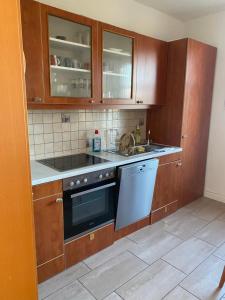 a kitchen with wooden cabinets and a stove and a sink at Stadtgarten in Meißen