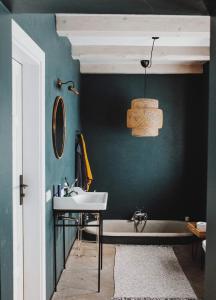 a bathroom with a sink and a blue wall at Casa Blanca Łagów in Łagów