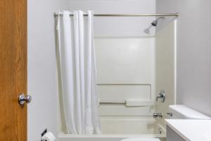 a bathroom with a shower with a white shower curtain at Studio in Lansing in Lansing