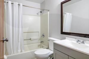 a bathroom with a sink and a toilet and a mirror at Studio in Lansing in Lansing