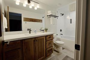 a bathroom with a sink and a toilet and a mirror at Silverview Lodge in Brighton +37 photos