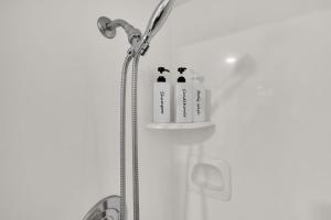 a shower with two shampoo bottles in a shower at Chalet at Brighton in Brighton +23 photos