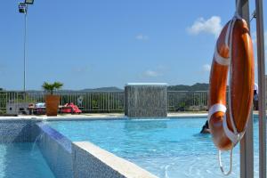 a swimming pool with a raft in the water at Villa De Shalom in Ocho Rios