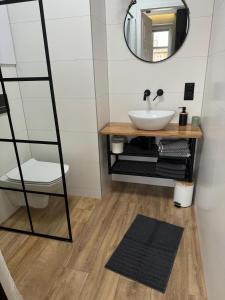 a bathroom with a sink and a mirror at Apartament u Laury in Mrągowo