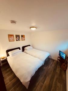 a bedroom with two beds and a television in it at Woodland, Canal & Lakeside Cottage in Ellesmere