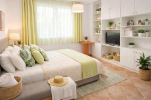a bedroom with a large bed and a television at Vila Kosta City Center Port in Ohrid