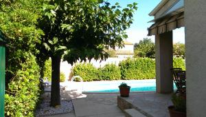a patio with a tree and a swimming pool at Chambre d'hôtes à Juvignac in Juvignac +3 photos