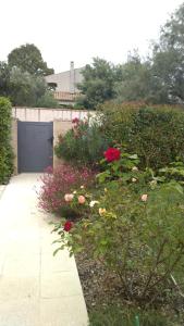 a garden with roses in front of a garage at Chambre d'hôtes à Juvignac in Juvignac