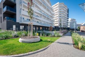 a sidewalk in front of a building with a tree at B-point apartments in Komárov