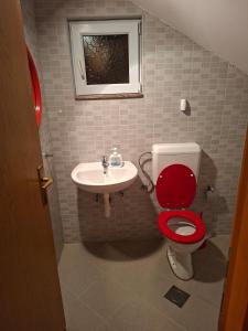 a bathroom with a red toilet and a sink at Nature escape Sarajevo in Kasatići +19 photos