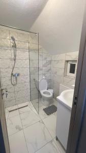 ein Badezimmer mit Dusche, Toilette und Waschbecken in der Unterkunft Silent Hills in Moieciu de Jos + 16 Fotos