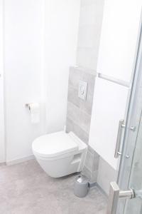 a white bathroom with a toilet and a shower at COSY LIVING in Huningue