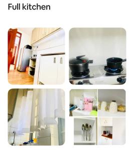 a collage of four pictures of a kitchen with a stove at Urban Host Buru Prime 1BR Luxe in Nairobi +7 photos