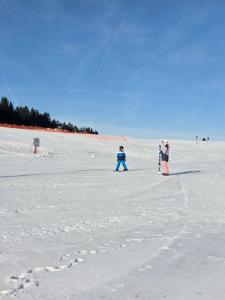 a group of people walking in the snow at Waldfeder Apartment mit Pool und Fitnessraum, neu und vollsaniert in Sankt Englmar