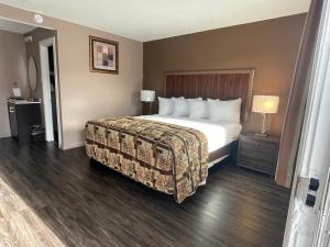 a hotel room with a large bed and a lamp at Dream Inn in Tonopah +53 photos