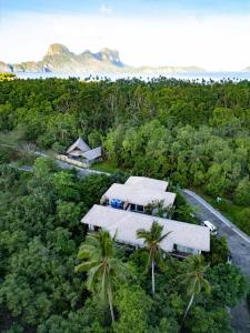 an aerial view of a house with palm trees and a road at Pandan Villas, El Nido in El Nido
